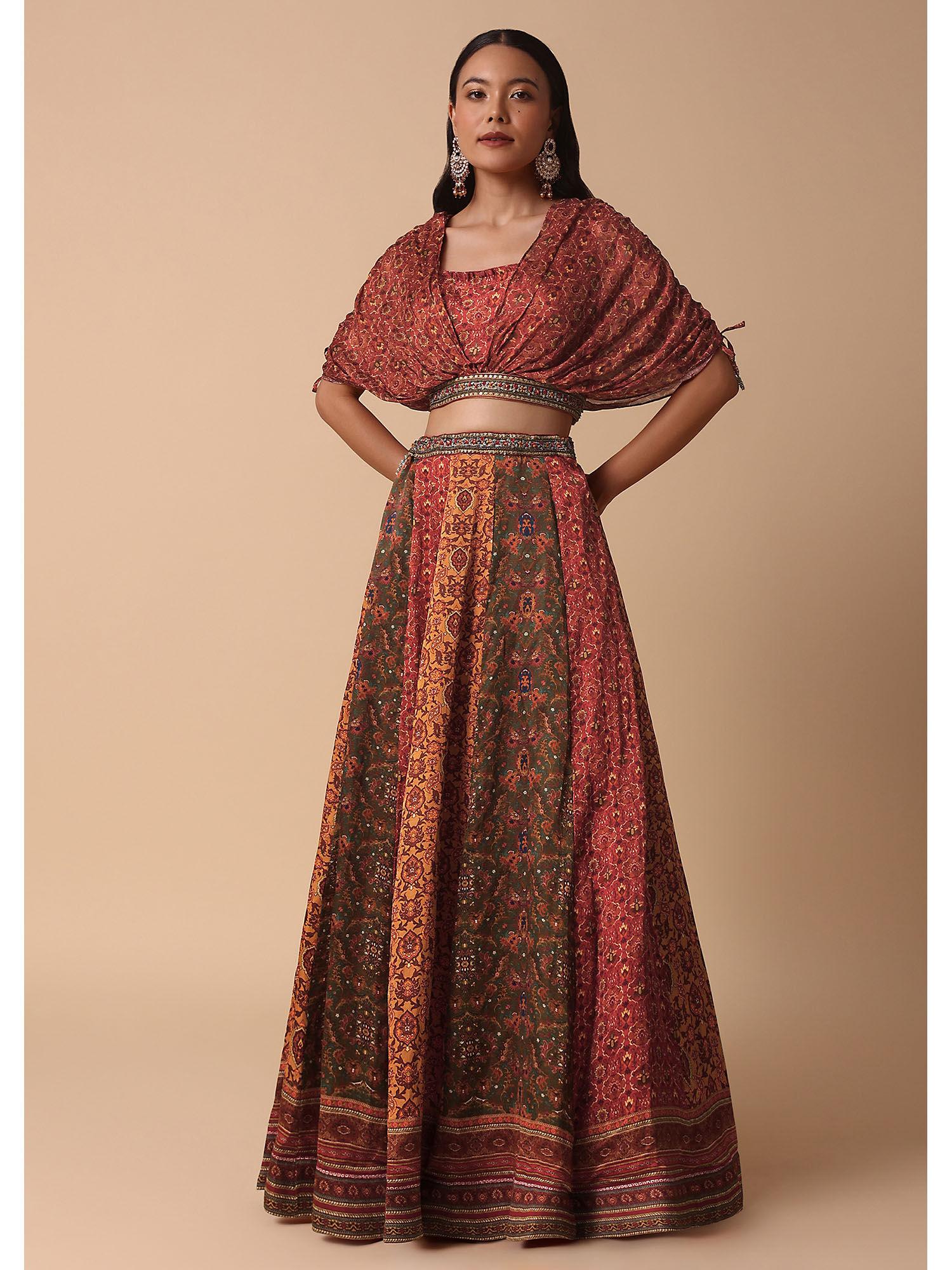 rust printed lehenga with embroidered choli (set of 2)