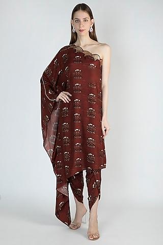 rust printed one shoulder tunic with pants