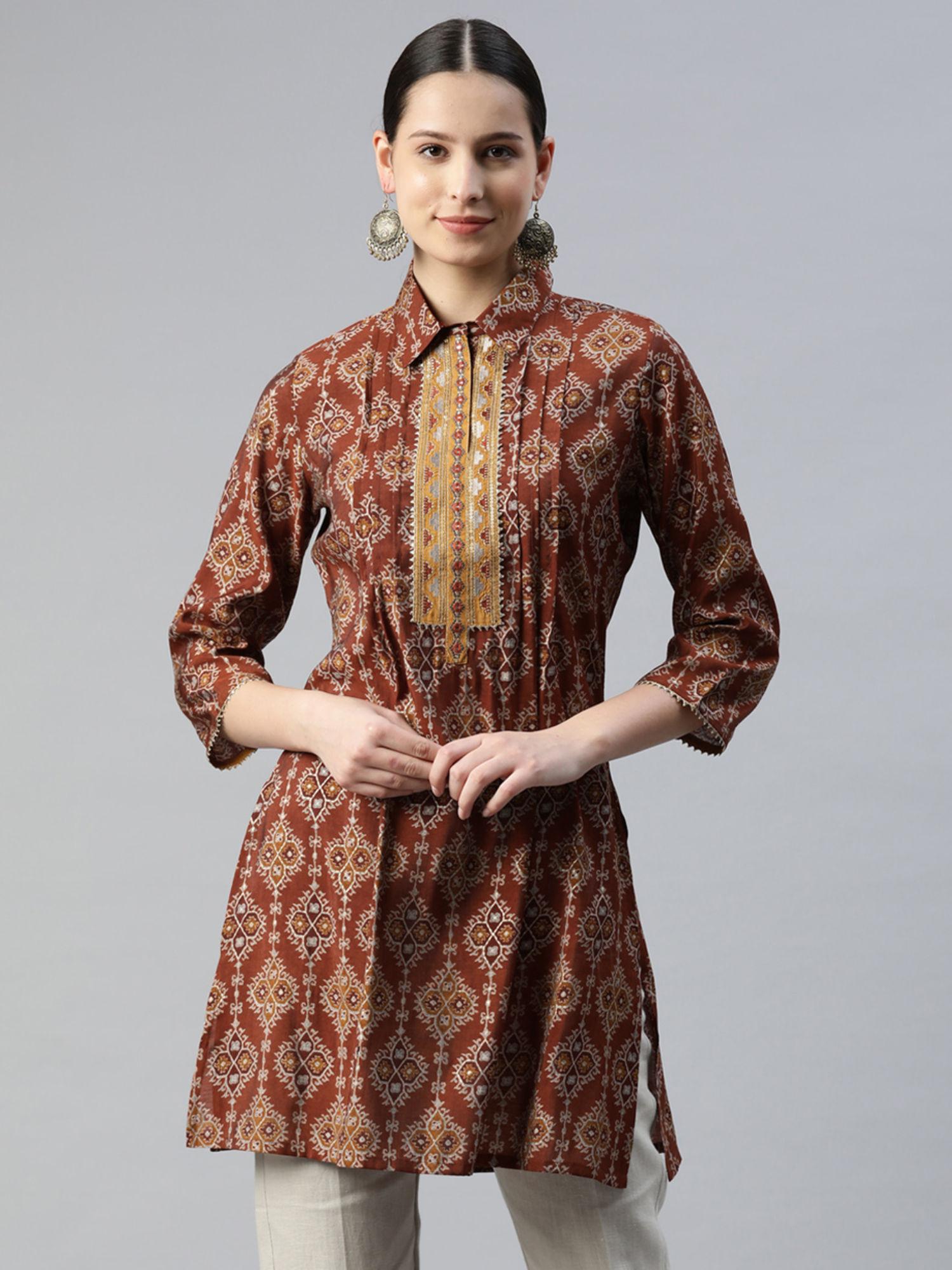 rust printed pintuck work tunic