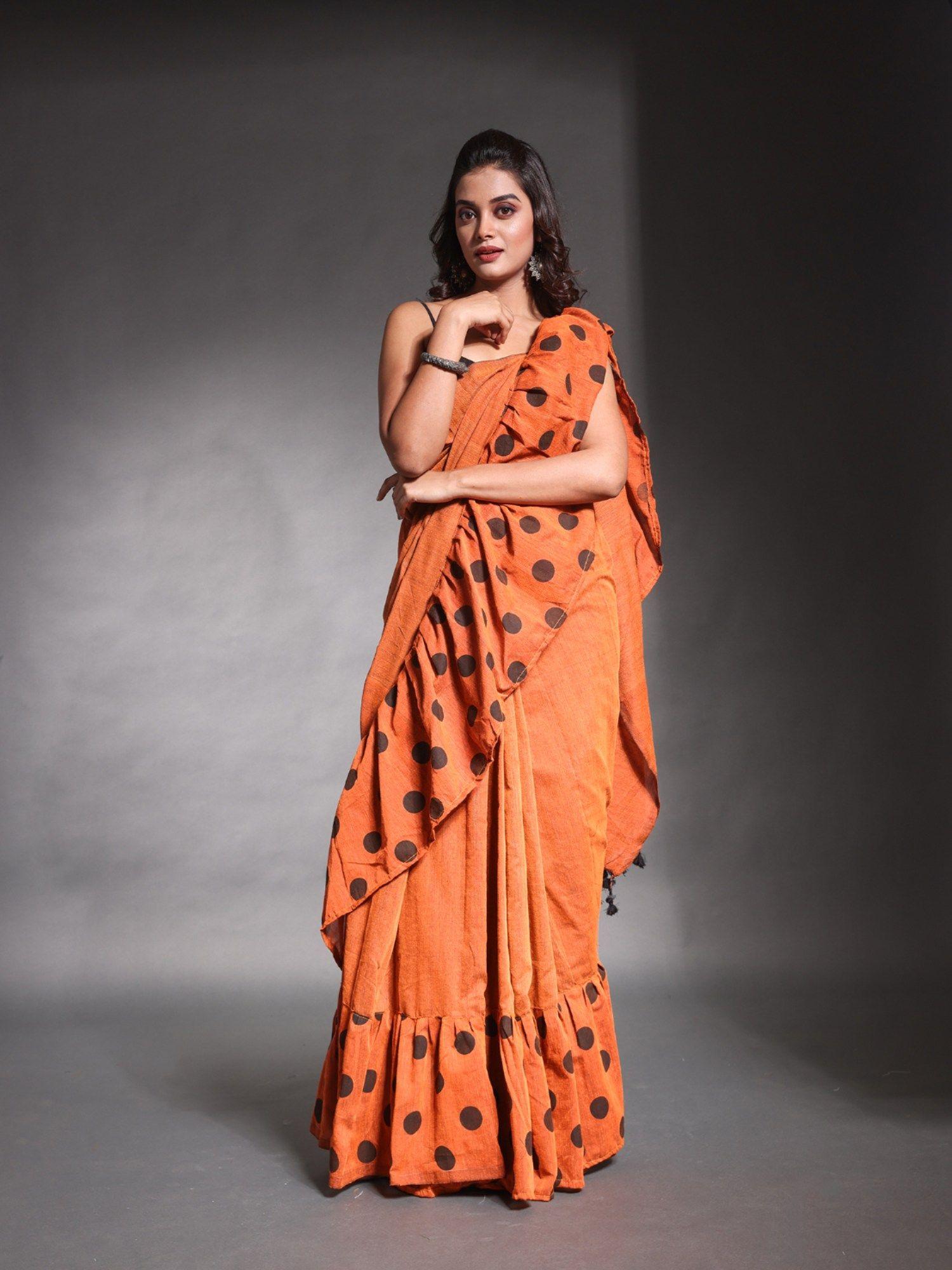 rust pure cotton solid ruffle saree with unstitched blouse