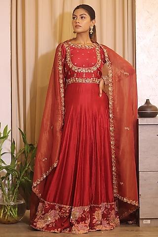 rust pure silk gold embroidered anarkali set