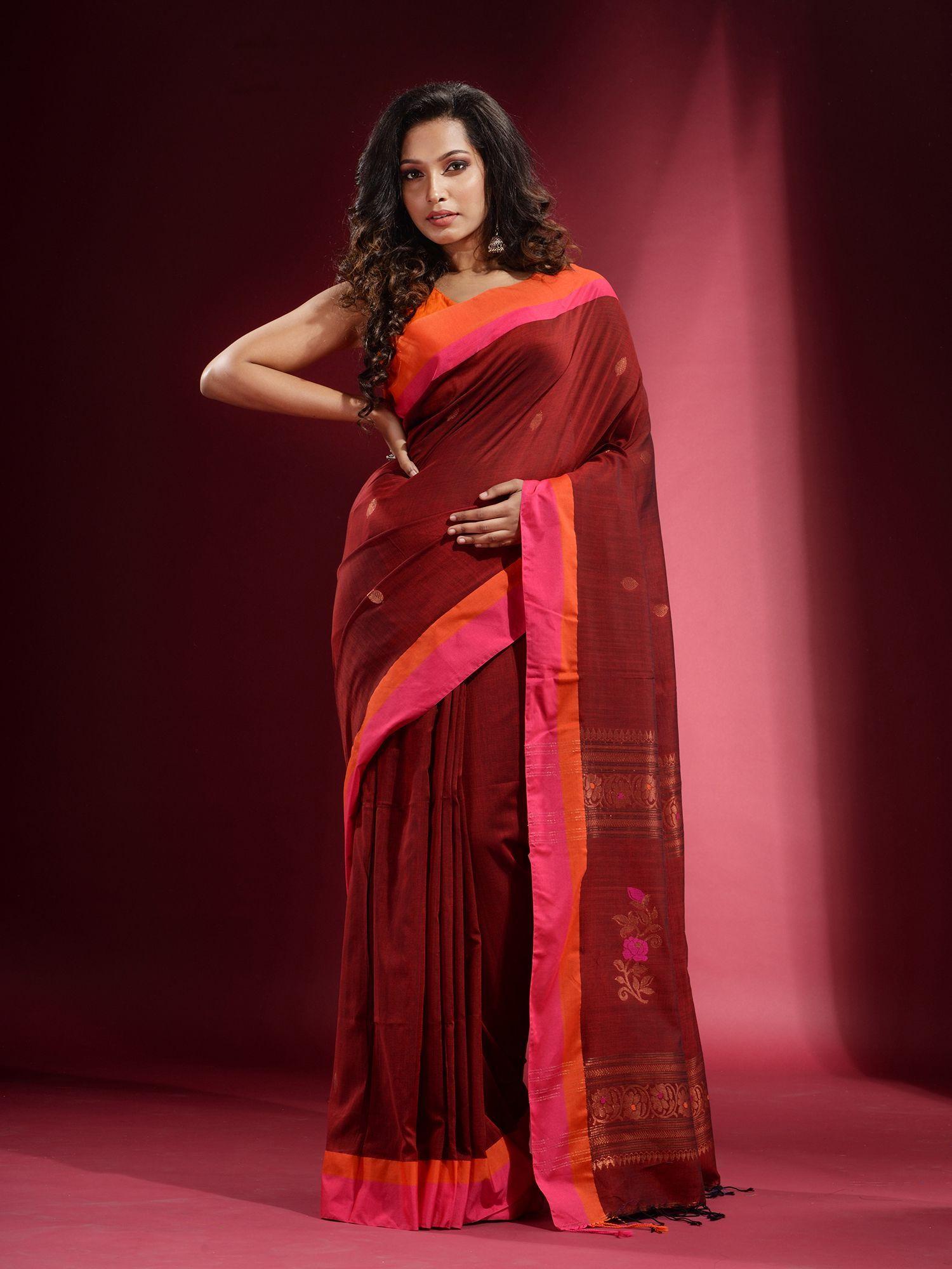 rust pure zari floral design dual border saree with unstitched blouse