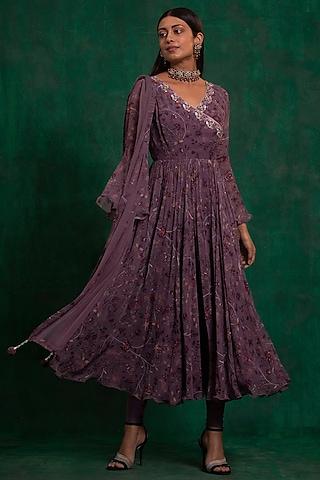 rust purple printed & embroidered a-line anarkali set