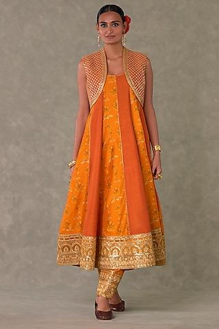 rust raw silk anarkali set