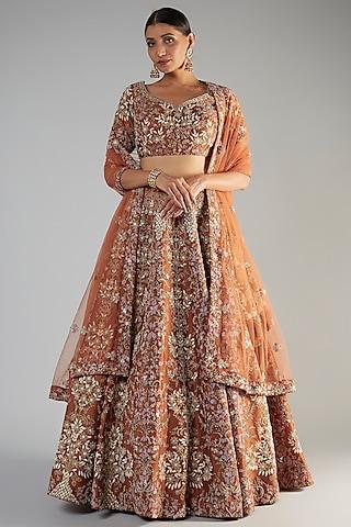 rust raw silk embroidered handcrafted lehenga set