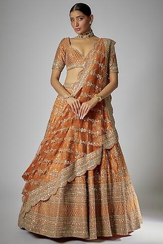 rust raw silk embroidered lehenga set