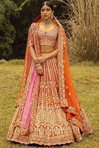 rust raw silk embroidered lehenga set