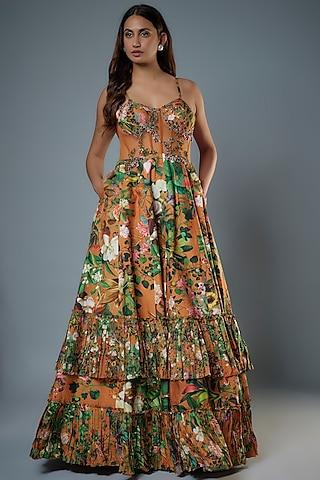 rust raw silk floral printed & embroidered corset gown