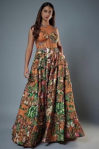 rust raw silk floral printed & embroidered corset gown