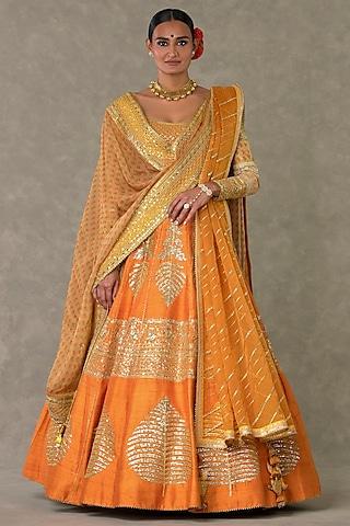 rust raw silk motif & sitara embellished lehenga set