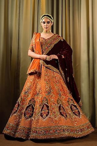 rust raw silk resham work lehenga set