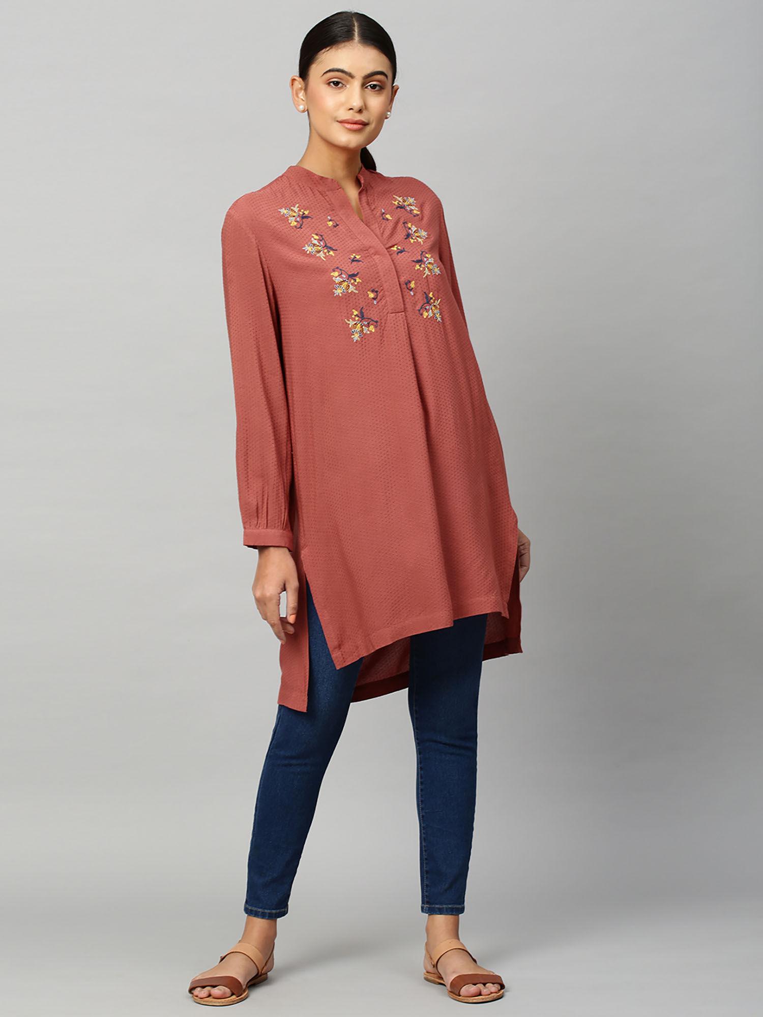 rust rayon dobby embroidered kurta