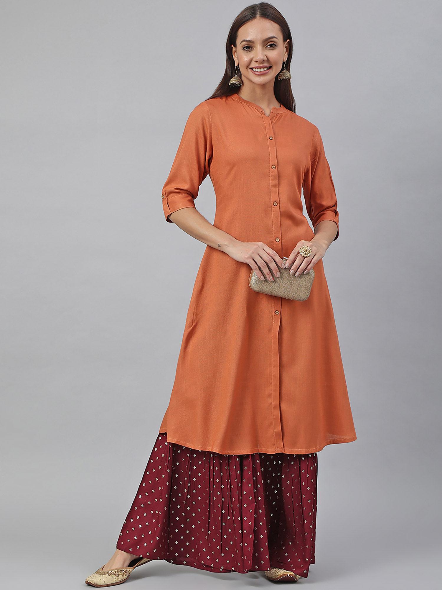 rust rayon slub solid shirt style kurta