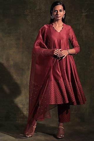 rust red embellished anarkali set