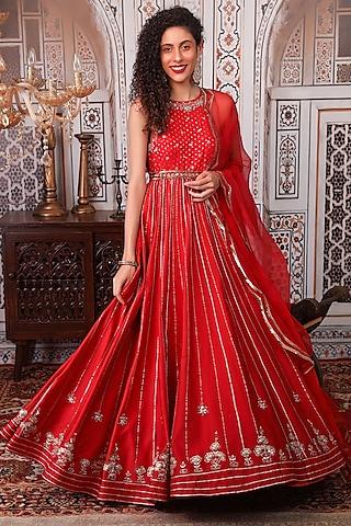 rust red embellished anarkali set