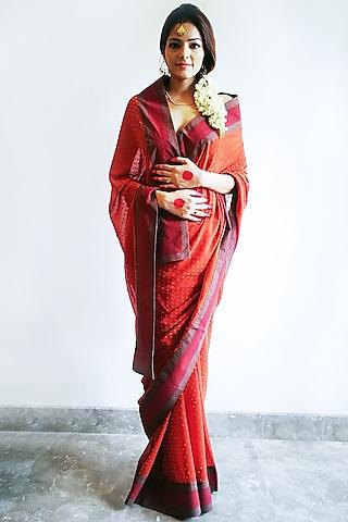 rust red embroidered saree set
