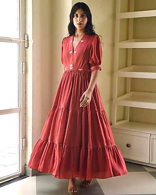 rust red embroidered tiered dress