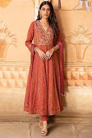 rust red hand embroidered anarkali set