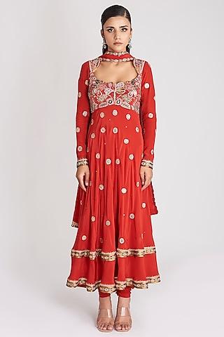 rust red mulberry crepe embellished anarkali set