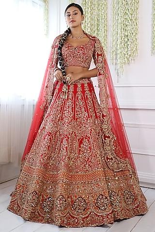 rust red raw silk embroidered lehenga set