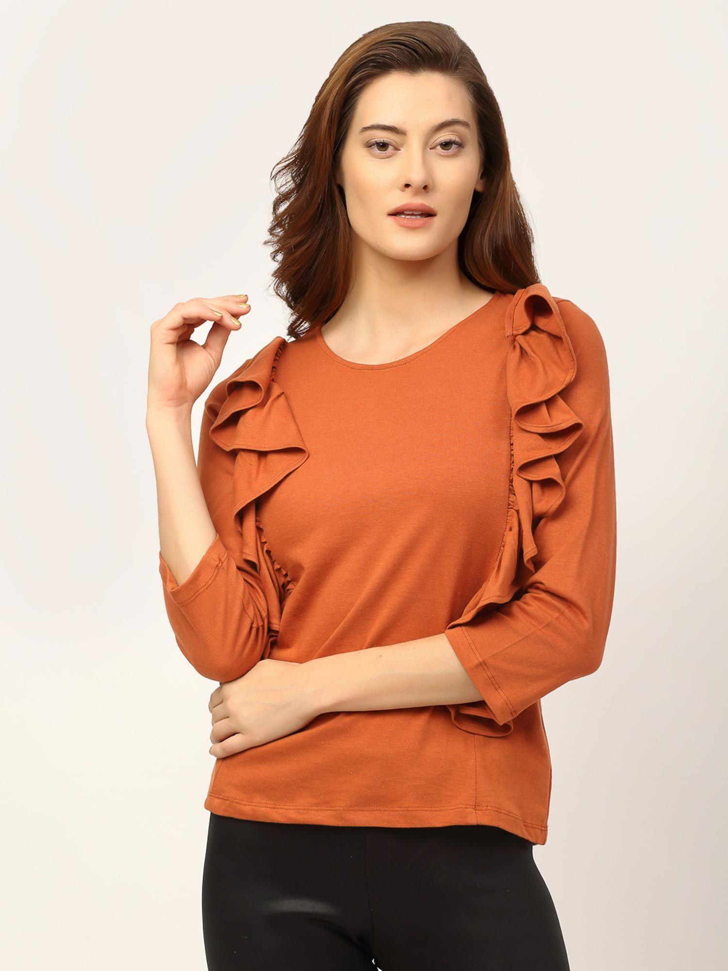 rust round neck cotton full sleeve ruffle top