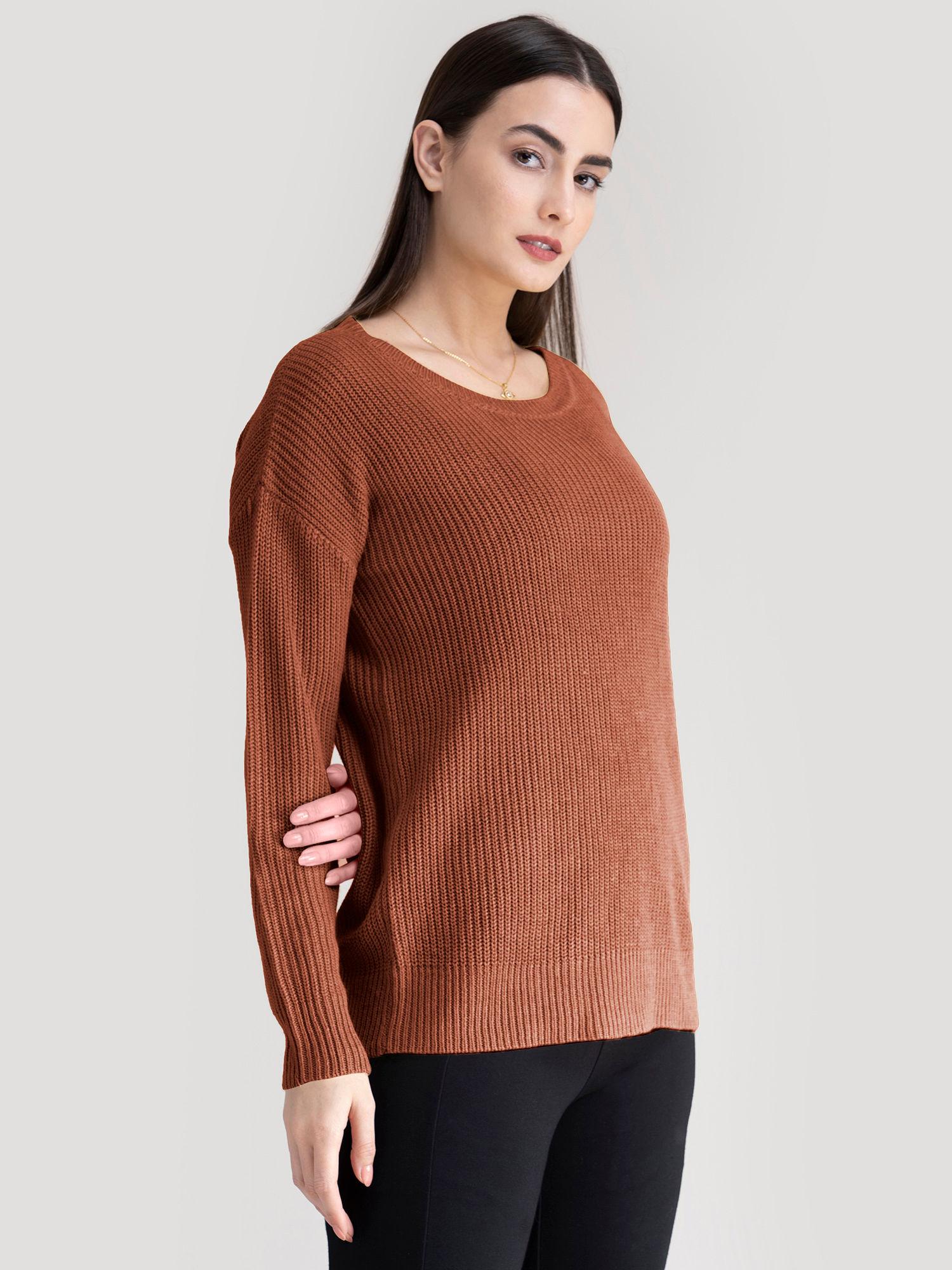 rust round neck drop shoulder knit sweater