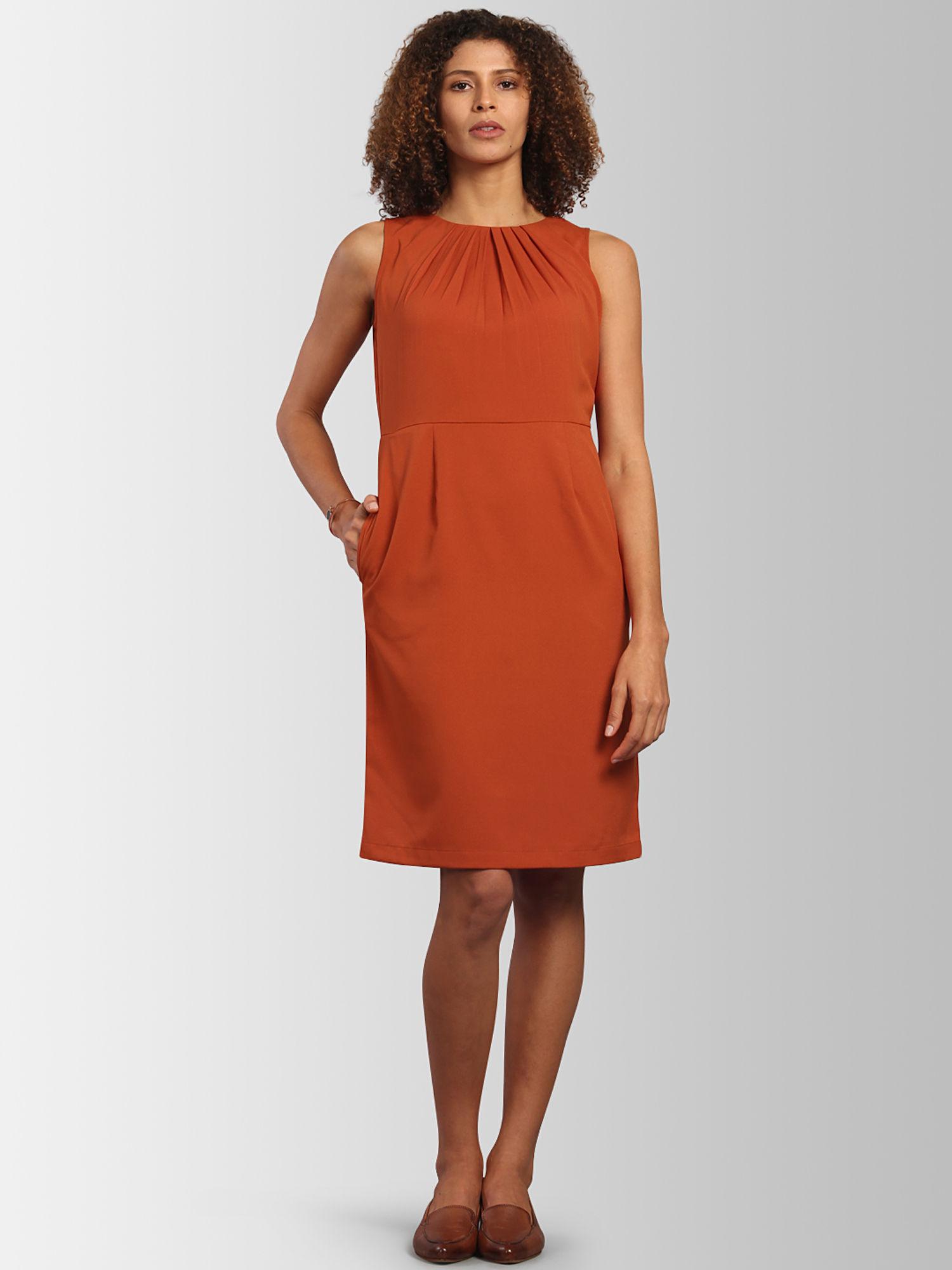 rust round neck pleated knee length dress