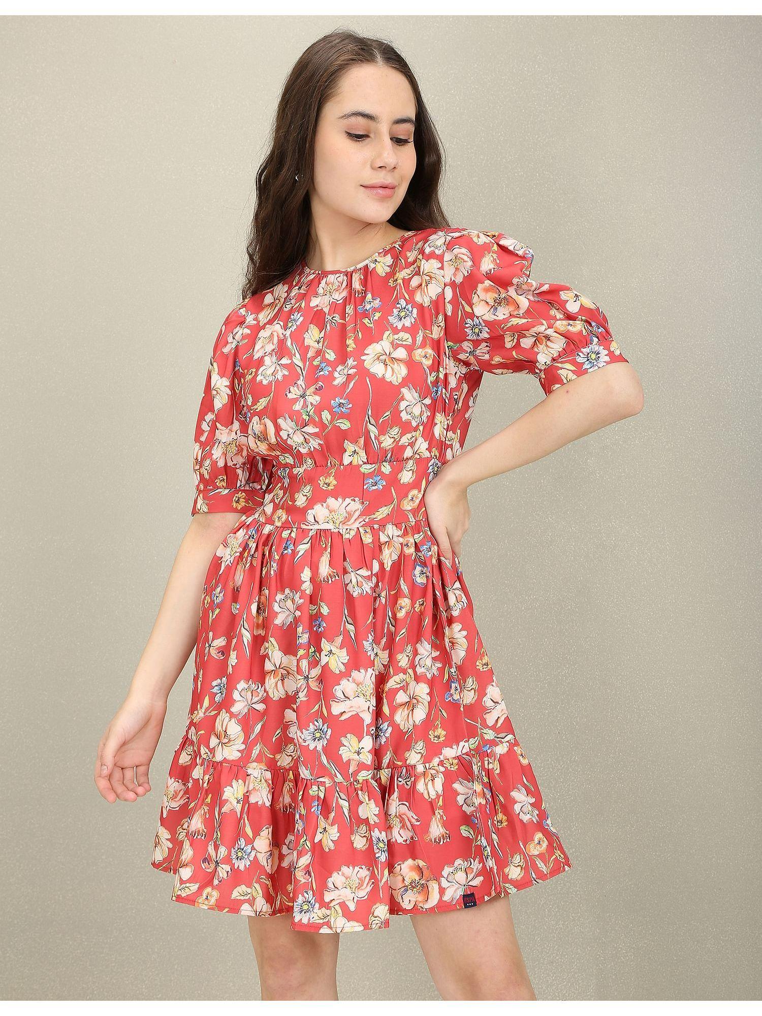 rust ruffled hem floral print fit and flare dress