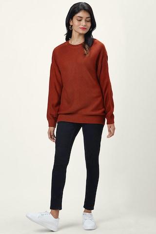 rust self design casual full sleeves round neck women regular fit sweater