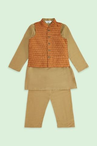 rust self design ethnic mandarin full sleeves full length boys regular fit pant kurta set