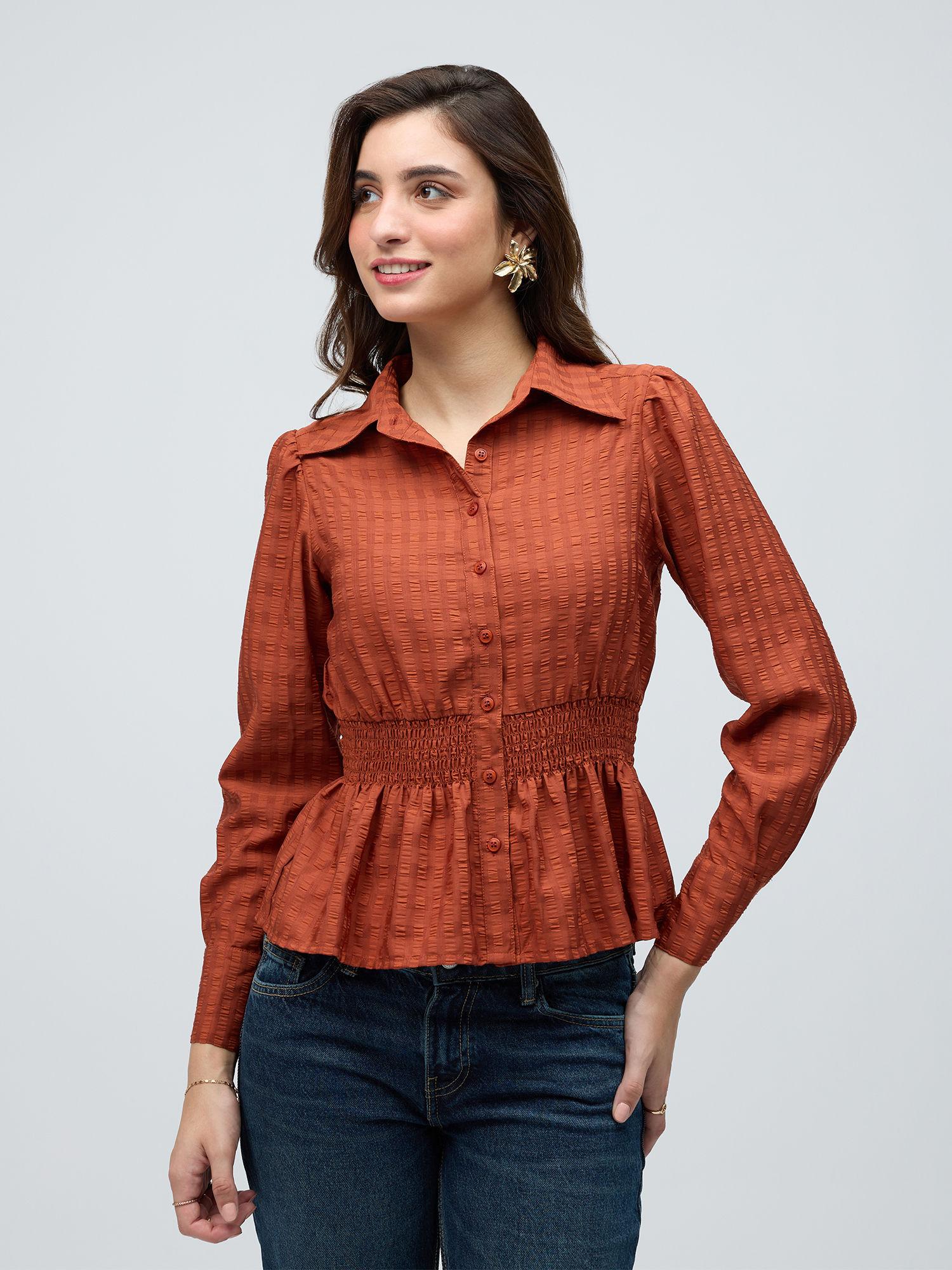 rust self design full sleeves peplum shirt