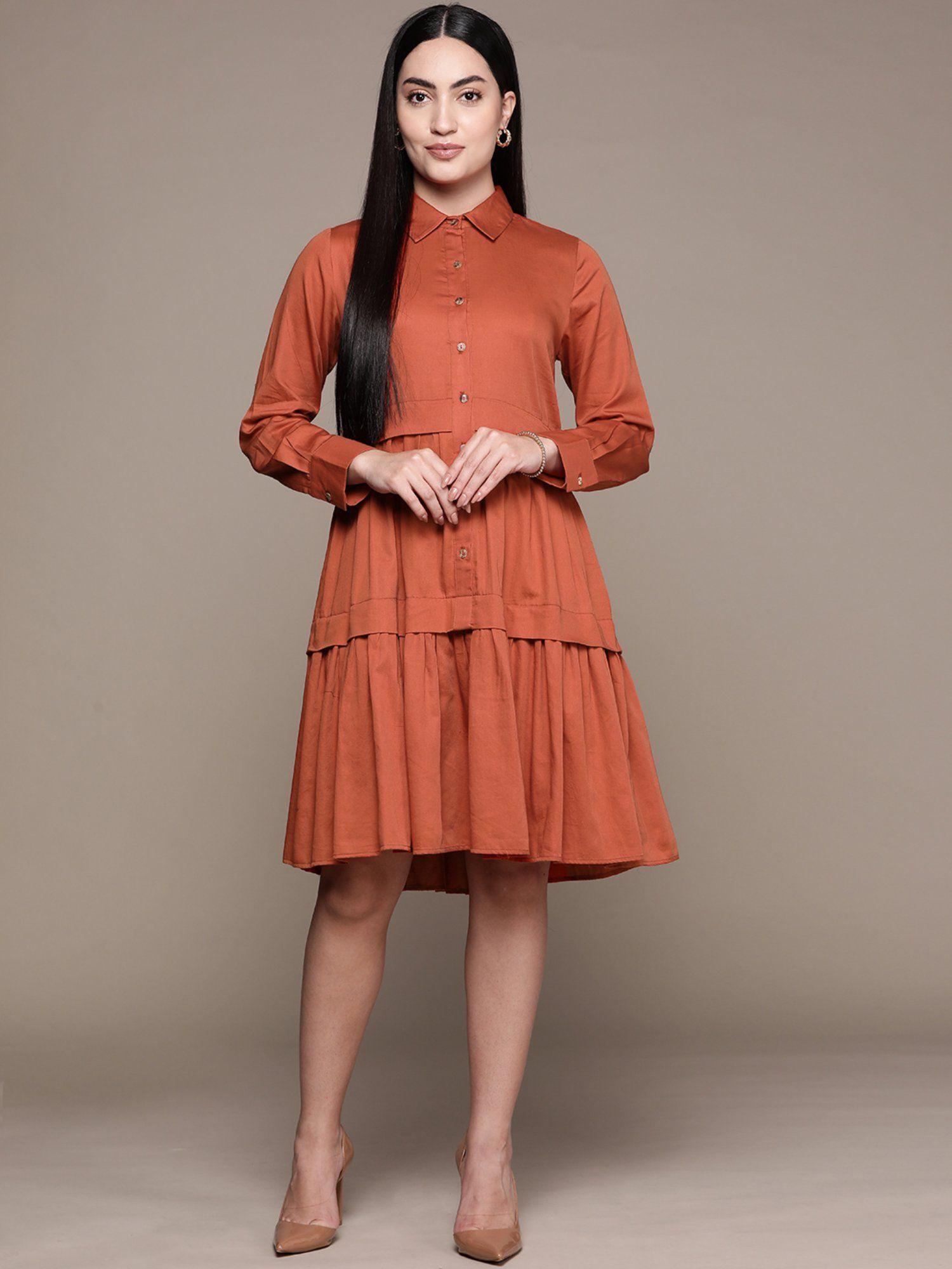 rust shirt dress with ruffled hem