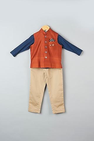 rust silk bundi jacket with pant set for boys