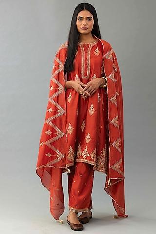 rust silk chanderi sequins embroidered a-line kurta set