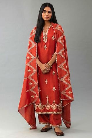rust silk chanderi sequins embroidered straight kurta set