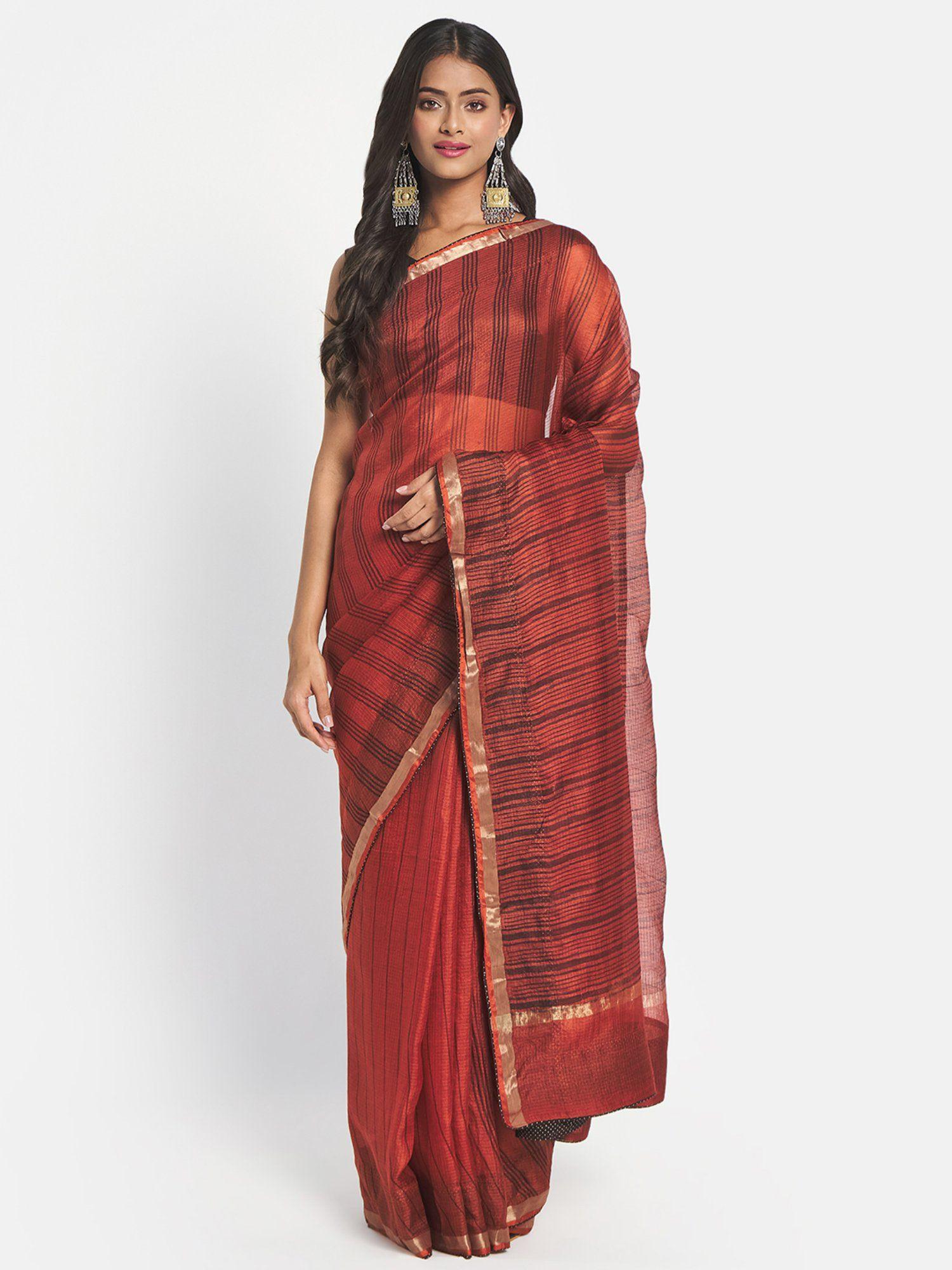 rust silk hand block print saree without blouse