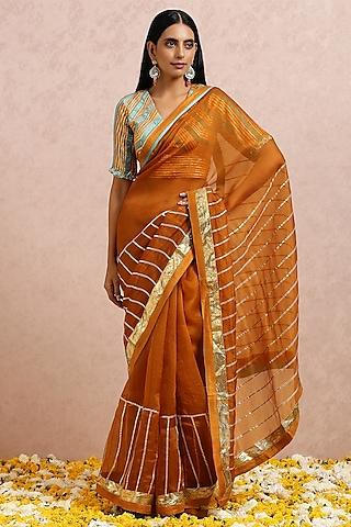 rust silk organza embellished saree set