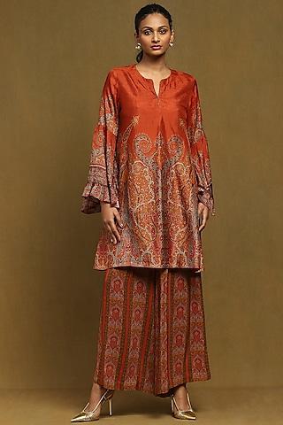 rust silk printed kurta set