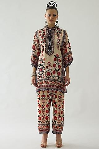 rust silk printed tunic set