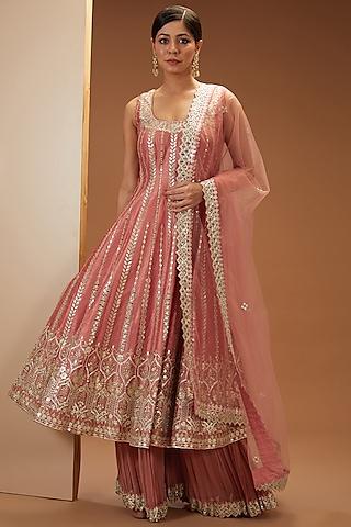 rust slub silk embroidered anarkali set