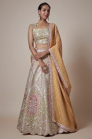 rust slub silk zari & gota embroidered lehenga set