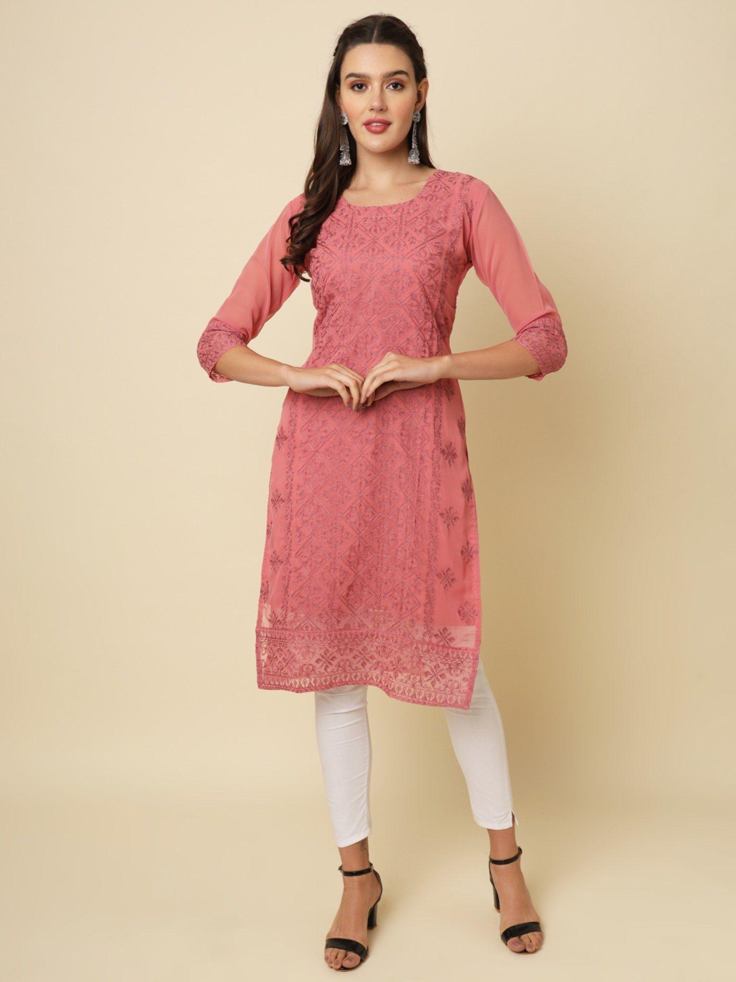 rust soft georgette lucknowi chikankari kurta