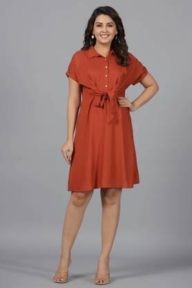 rust solid a-lined rayon dress with contrast buttons & front tie ups - rust