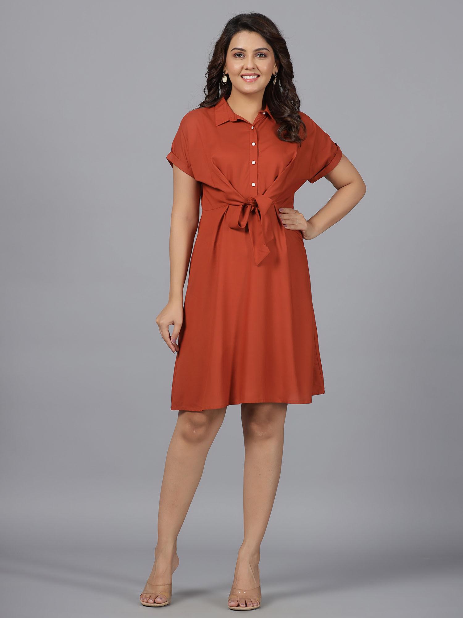 rust solid a-lined rayon dress with contrast buttons & front tie ups