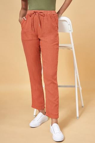 rust solid ankle-length high rise casual women comfort fit trousers