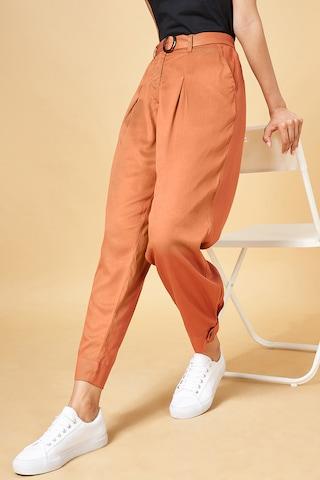 rust solid ankle-length high rise casual women comfort fit trousers