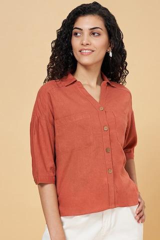 rust solid casual 3/4th sleeves v neck women oversized fit shirt