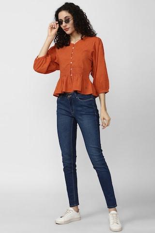 rust solid casual 3/4th sleeves v neck women regular fit top