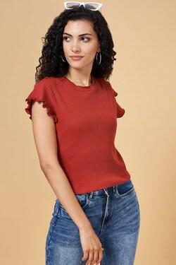 rust solid casual half sleeves round neck women slim fit top