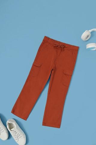 rust solid full length mid rise casual boys trousers